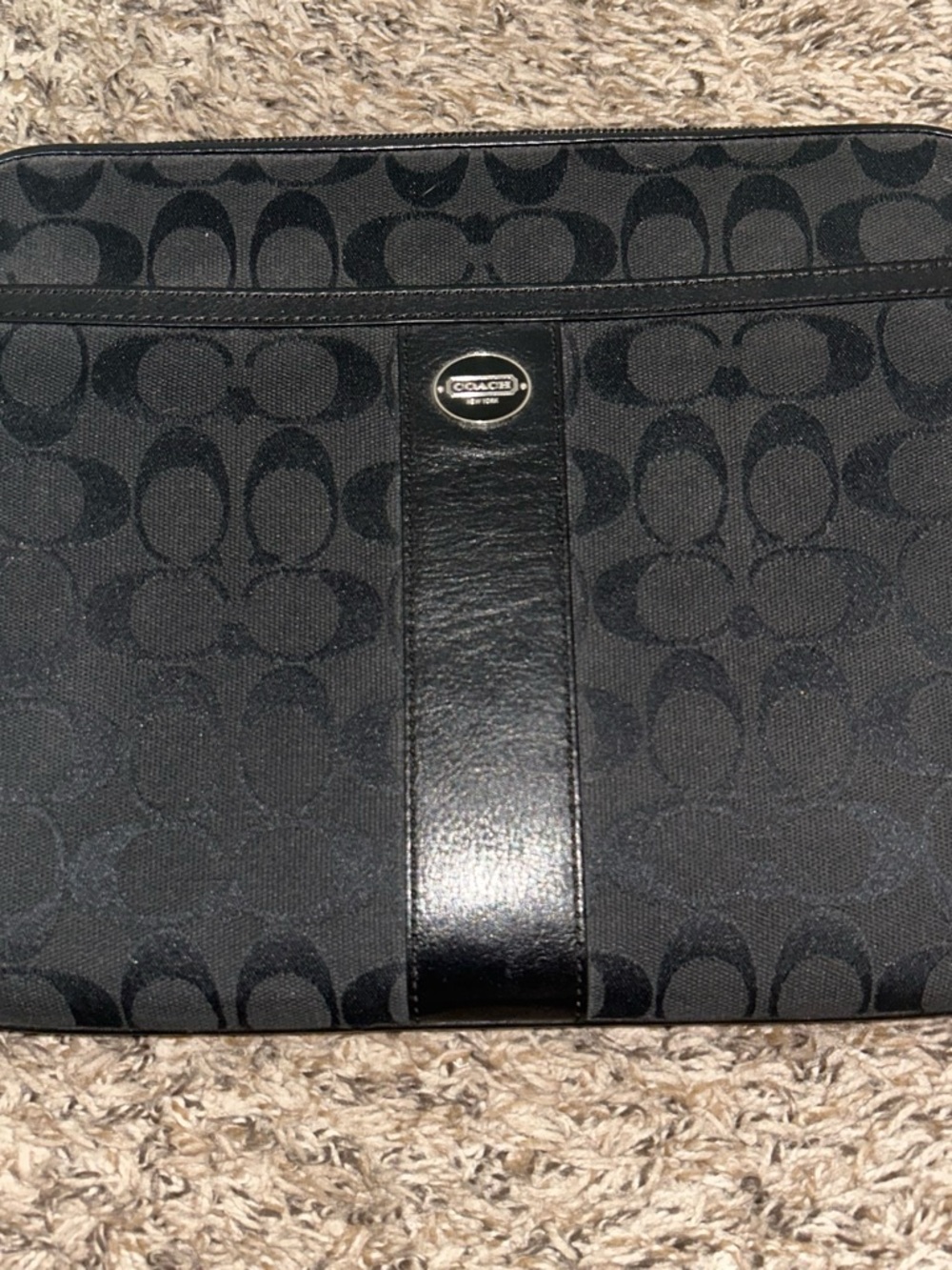 Coach Black Signature Canvas Toiletry Pouch with Leather Trim